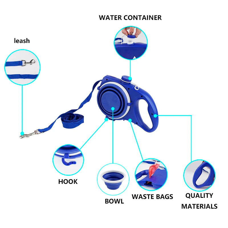 4-In-1 Durable Dog Leash with Water Bottle Bowl.